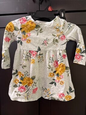 Old Navy Grey Floral Long-Sleeve Kids Dress with Yellow & Pink Flowers 2T